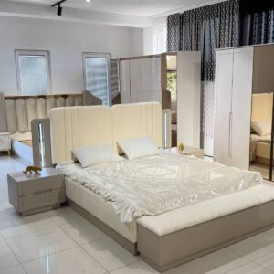 Luxury Turkish Bed Set  Elegant High-Gloss Bedroom Suite with Upholstered Headboard & Dressing