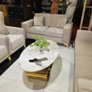 Modern Turkish Velvet Sofa Set with Gold Accents & Marble Coffee Table