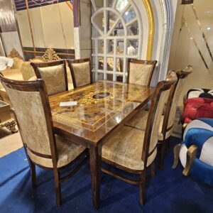 Luxury Turkish Style 6-Seater Dining Table Set – High-Gloss Walnut & Gold Inlay