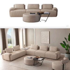 Modern Turkish Sectional Sofa Set – Premium Beige Textured Fabric with Designer Ottoman