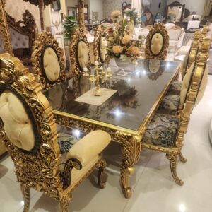 Royal Turkish Dining Set – 8-Seater Hand-Carved Gold Finish with Glass Top