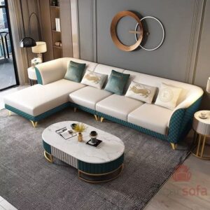 Premium Turkish L-Shaped Sofa for Luxury Drawing Rooms – Includes Marble-Top Center Table