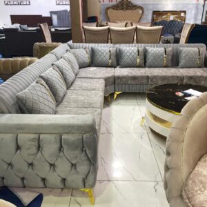 Luxury Grey Velvet L-Shaped Corner Sofa – Modern Turkish Tufted Sectional with Gold Legs Pakistan