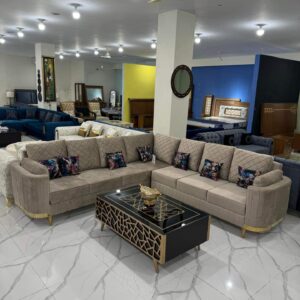 Luxury Turkish Furniture Pakistan | Handcrafted Velvet L-Shaped Sofa & Geometric Gold Coffee Table"