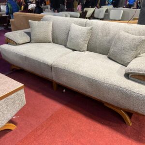 Modern Turkish Grey Bouclé Sofa Set – Textured Fabric with Oak Finish Curved Legs