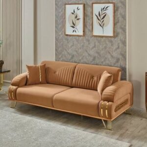 Luxury Turkish Modern Sofa – Premium Camel Velvet with Gold Sled Legs